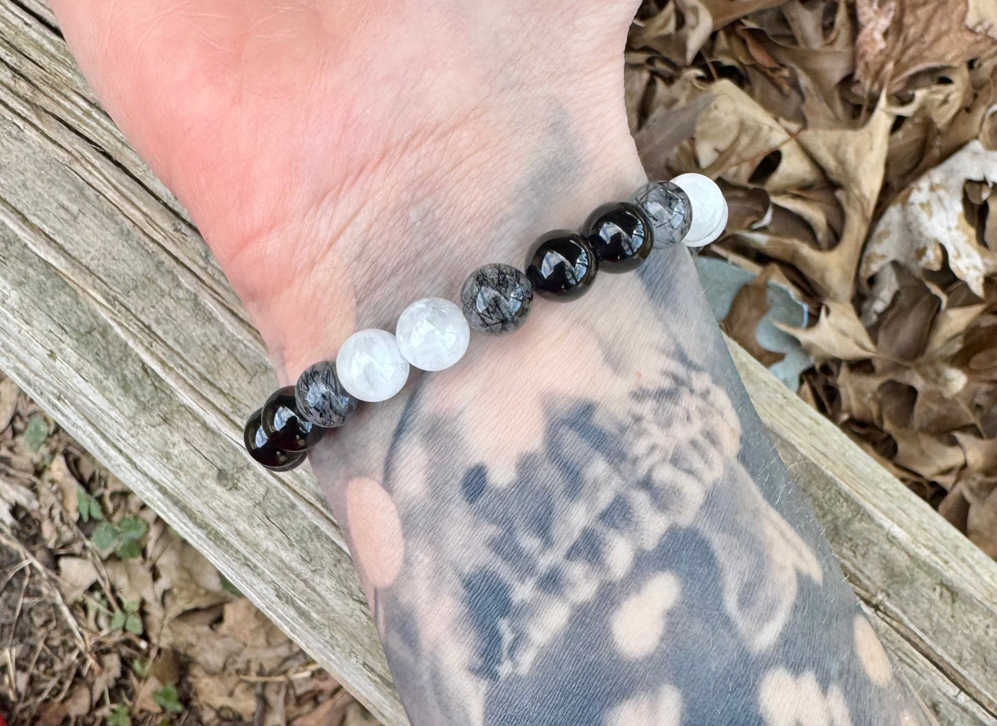 Spiritual Growth - Divine Feminine " Goddess Of The Moon " Empath - Lightworker - AAA Black Rutile - Tourmaline - Moonstone Crystal Bracelet