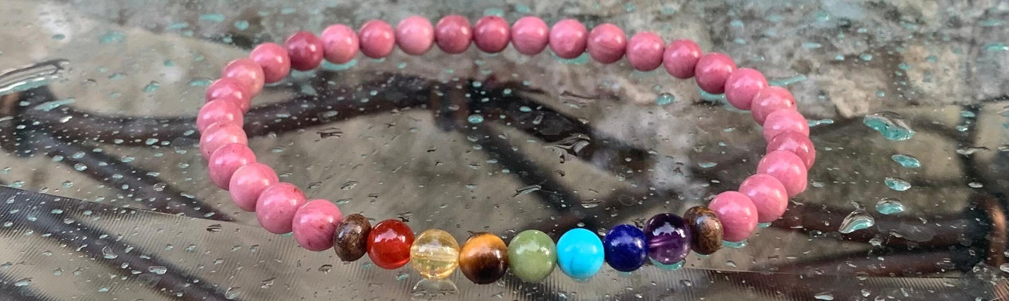 Chakra Balance Anklet - Self Love & Confidence Compassion - Spiritual Growth - Emotional Healing - Rhodonite Bronzite Gemstone Anklet