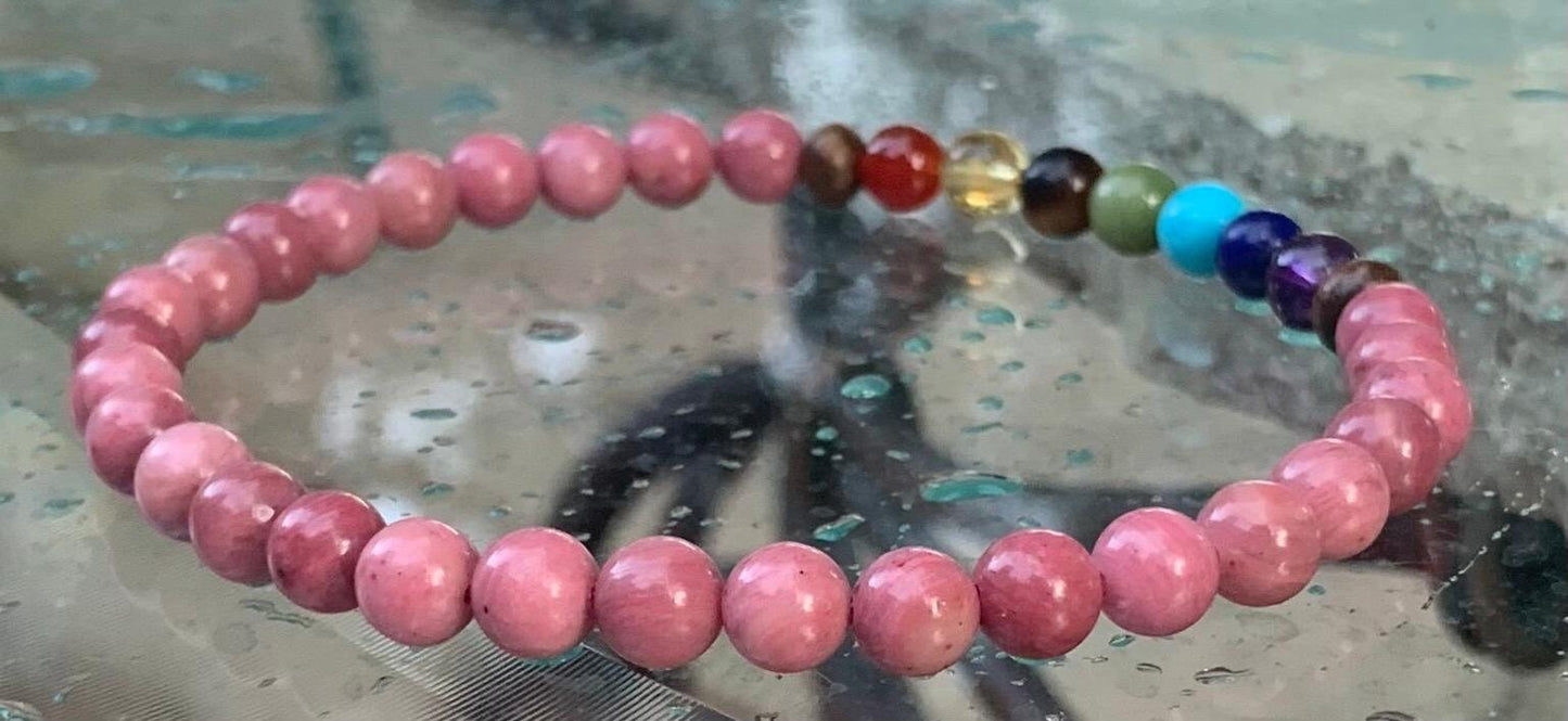Chakra Balance Anklet - Self Love & Confidence Compassion - Spiritual Growth - Emotional Healing - Rhodonite Bronzite Gemstone Anklet