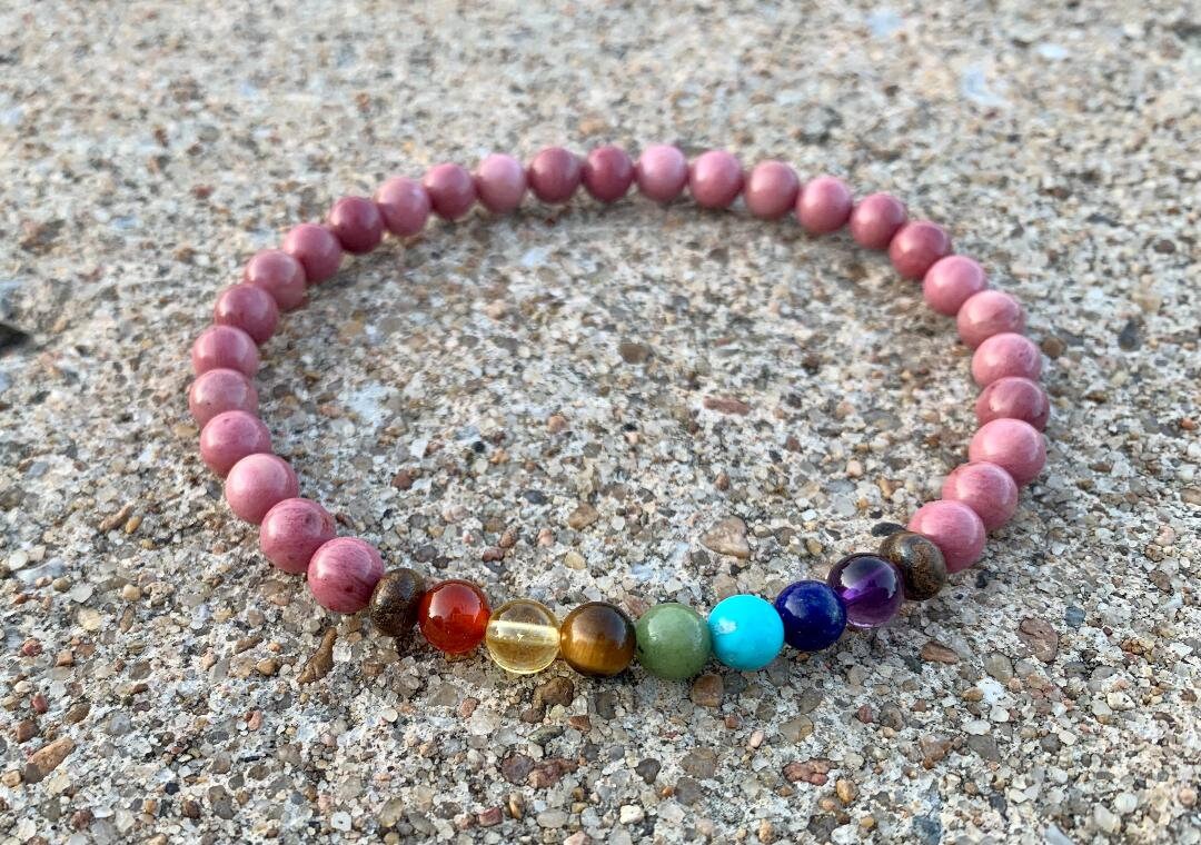 Chakra Balance Anklet - Self Love & Confidence Compassion - Spiritual Growth - Emotional Healing - Rhodonite Bronzite Gemstone Anklet