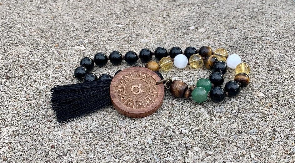 Taurus Energy Car Charm - Zodiac Horoscope " The Determined Taurus " April May Birthday - Crystal Healing Rear View Mirror Mala Ornament