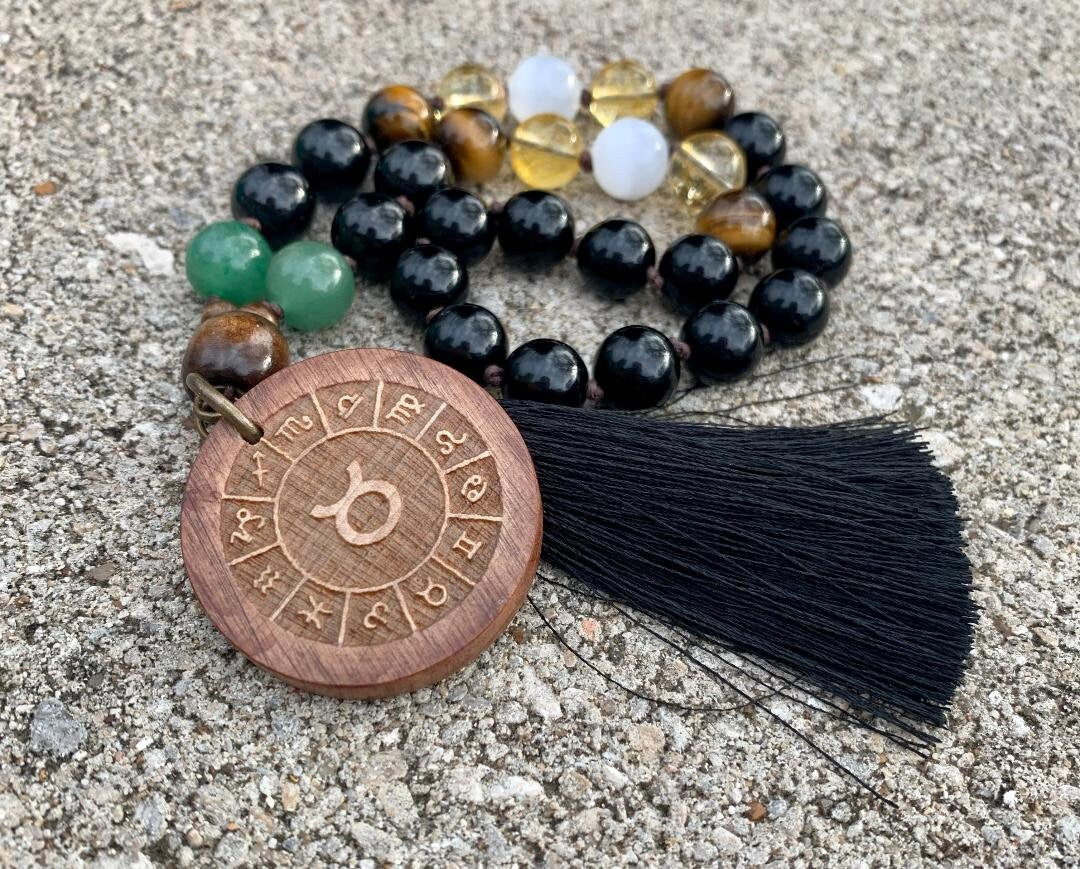Taurus Energy Car Charm - Zodiac Horoscope " The Determined Taurus " April May Birthday - Crystal Healing Rear View Mirror Mala Ornament