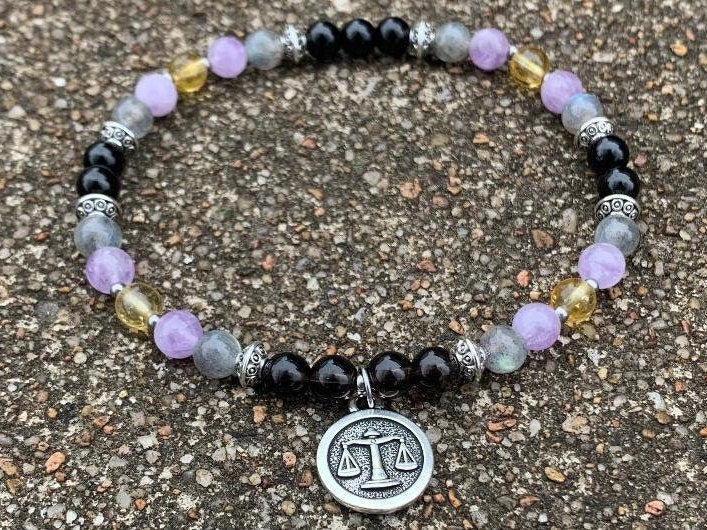 Libra Energy Anklet " The Diplomat , Libra " September October Birthday - Zodiac - AAA Labradorite - Citrine - Amethyst - Crystal Gemstones