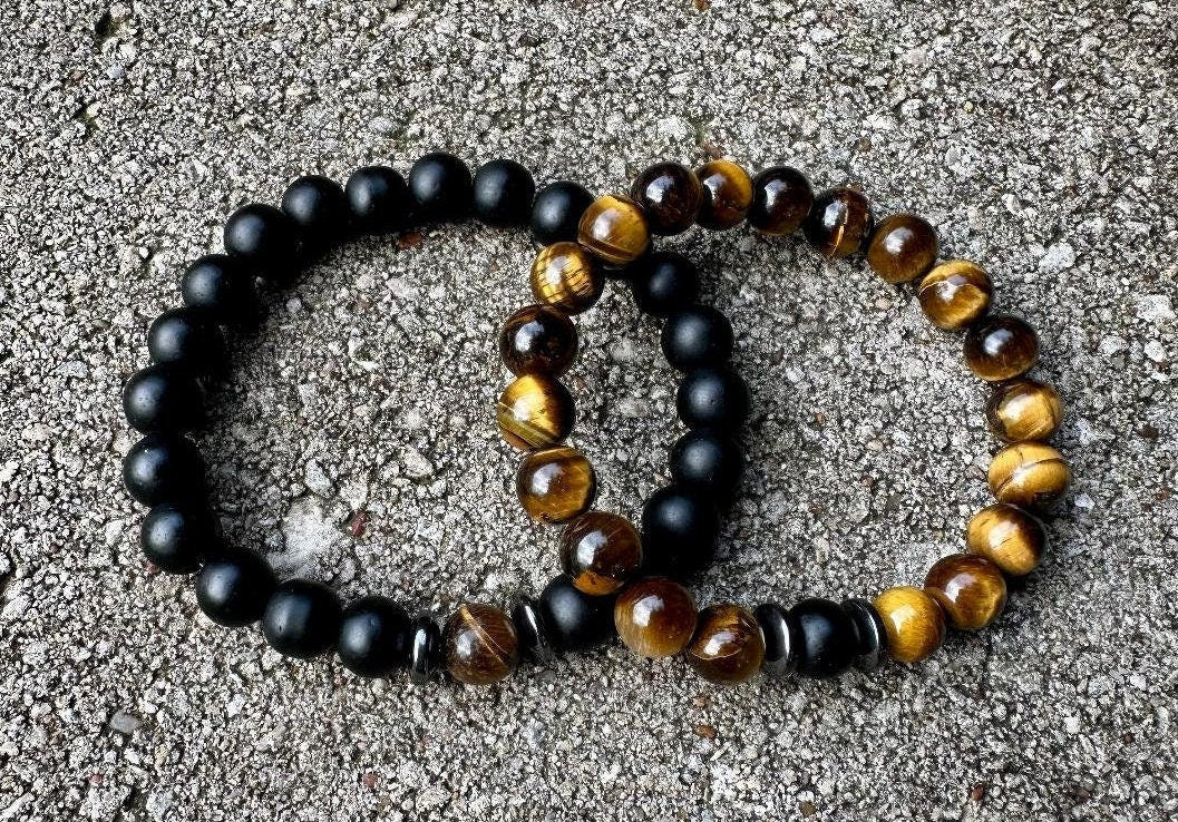 Distance Bracelets " Perfectly Imperfect Stones " Couples Friendship Family - Crystal Healing & Spiritual Connection - Tigers Eye - Onyx
