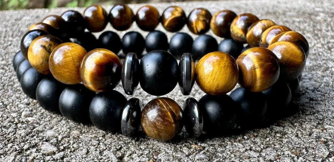 Distance Bracelets " Perfectly Imperfect Stones " Couples Friendship Family - Crystal Healing & Spiritual Connection - Tigers Eye - Onyx