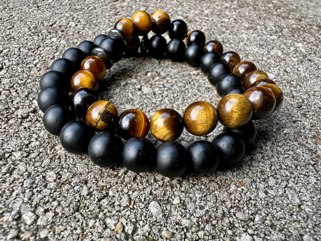 Distance Bracelets " Perfectly Imperfect Stones " Couples Friendship Family - Crystal Healing & Spiritual Connection - Tigers Eye - Onyx