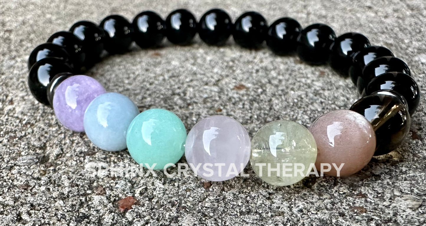 8mm Aura Protection - PASTEL Chakra Stones - Stress Anxiety Support - Strength Courage - AAA Black Onyx Crystal Healing Gemstone Bracelet
