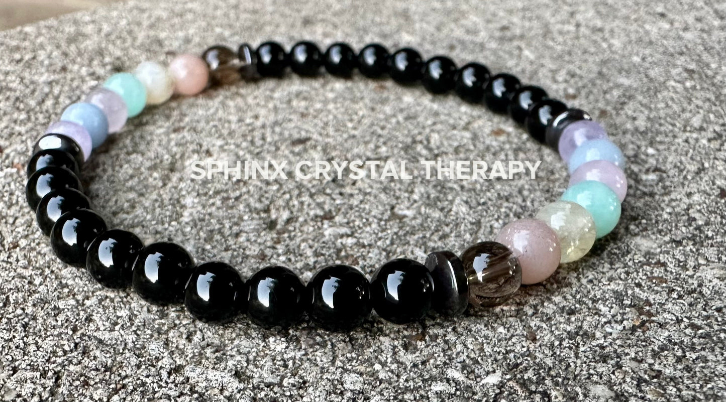 6mm Aura Protection Anklet - PASTEL Chakra Stones - Stress Anxiety Support - Strength Courage - AAA Black Onyx Crystal Healing Gemstones