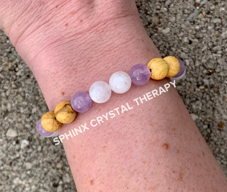 Aura Shield " Goddess of The Violet Flame " Empath Psychic Protection - AAA Moonstone - Amethyst - Palo Santo Gemstone Crystal Bracelet