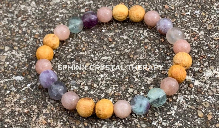 Focus " Goddess of Clarity " Stress & Anxiety support - Concentration - AAA Moonstone - Fluorite - Palo Santo Gemstone Crystal Bracelet