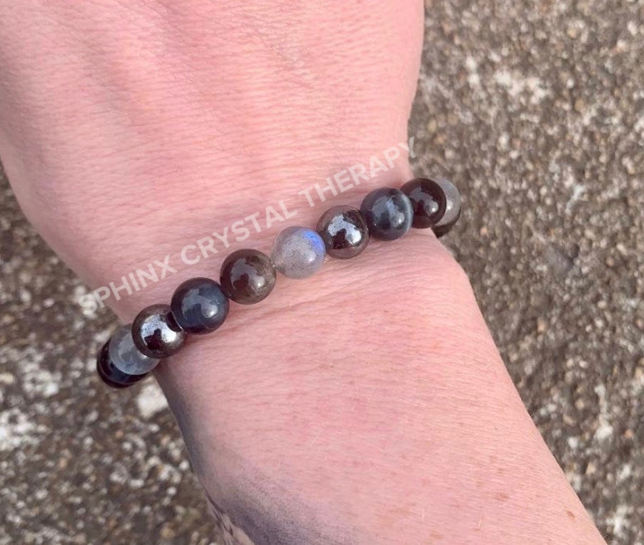 Self Empowerment - Strength & Courage " You are the Universe " AAA Blue Tigers Eye - Labradorite - Silver Obsidian Crystal Gemstone Bracelet