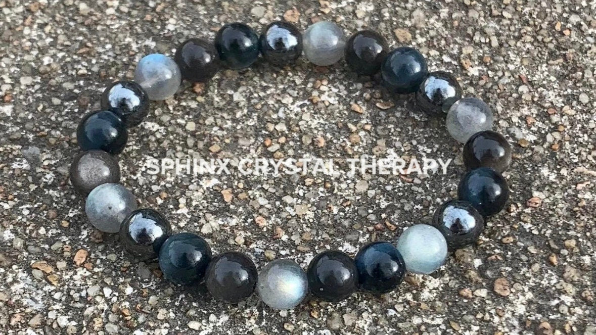 Self Empowerment - Strength & Courage " You are the Universe " AAA Blue Tigers Eye - Labradorite - Silver Obsidian Crystal Gemstone Bracelet