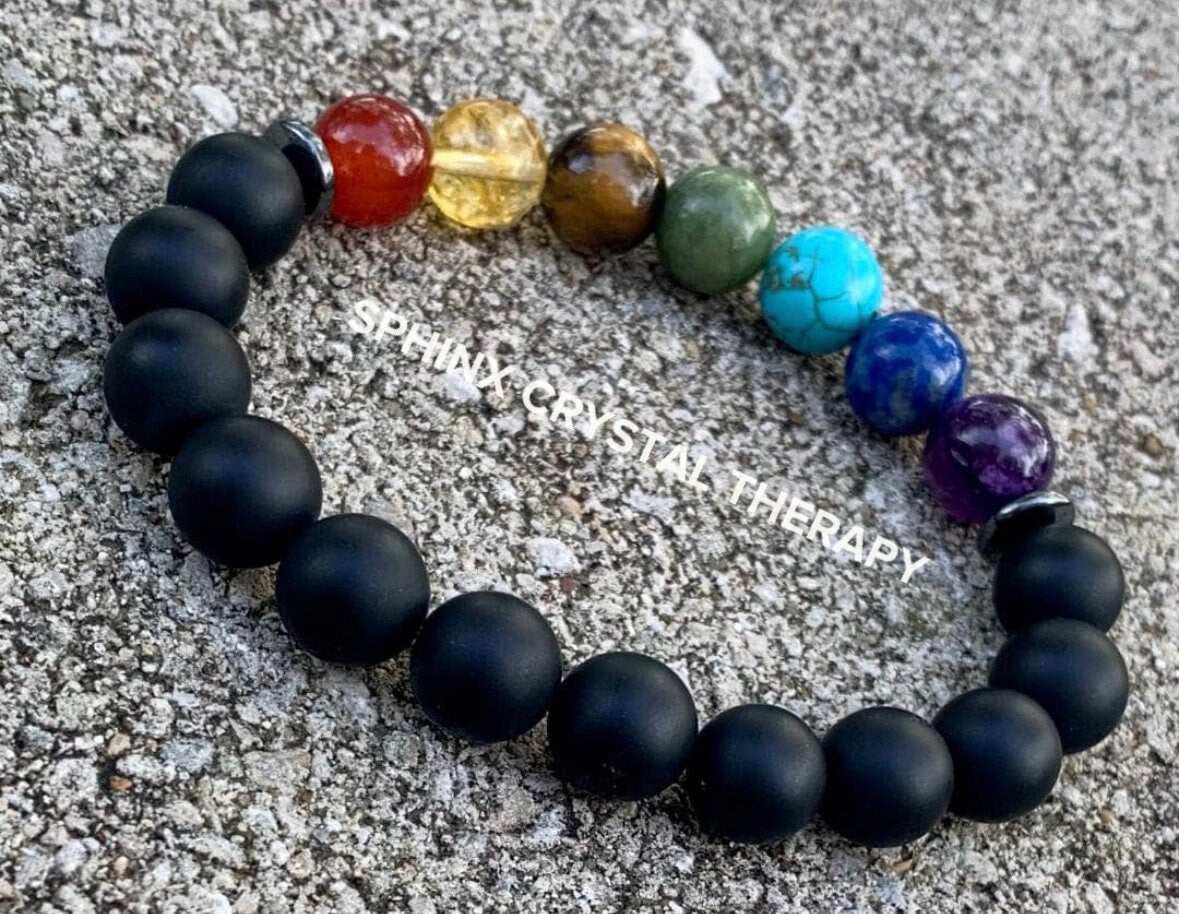 10MM - Protection and Strength - Negativity Shield - Black Onyx & Hematite - Balance Chakra Energy - Crystal Healing Gemstone Bracelet