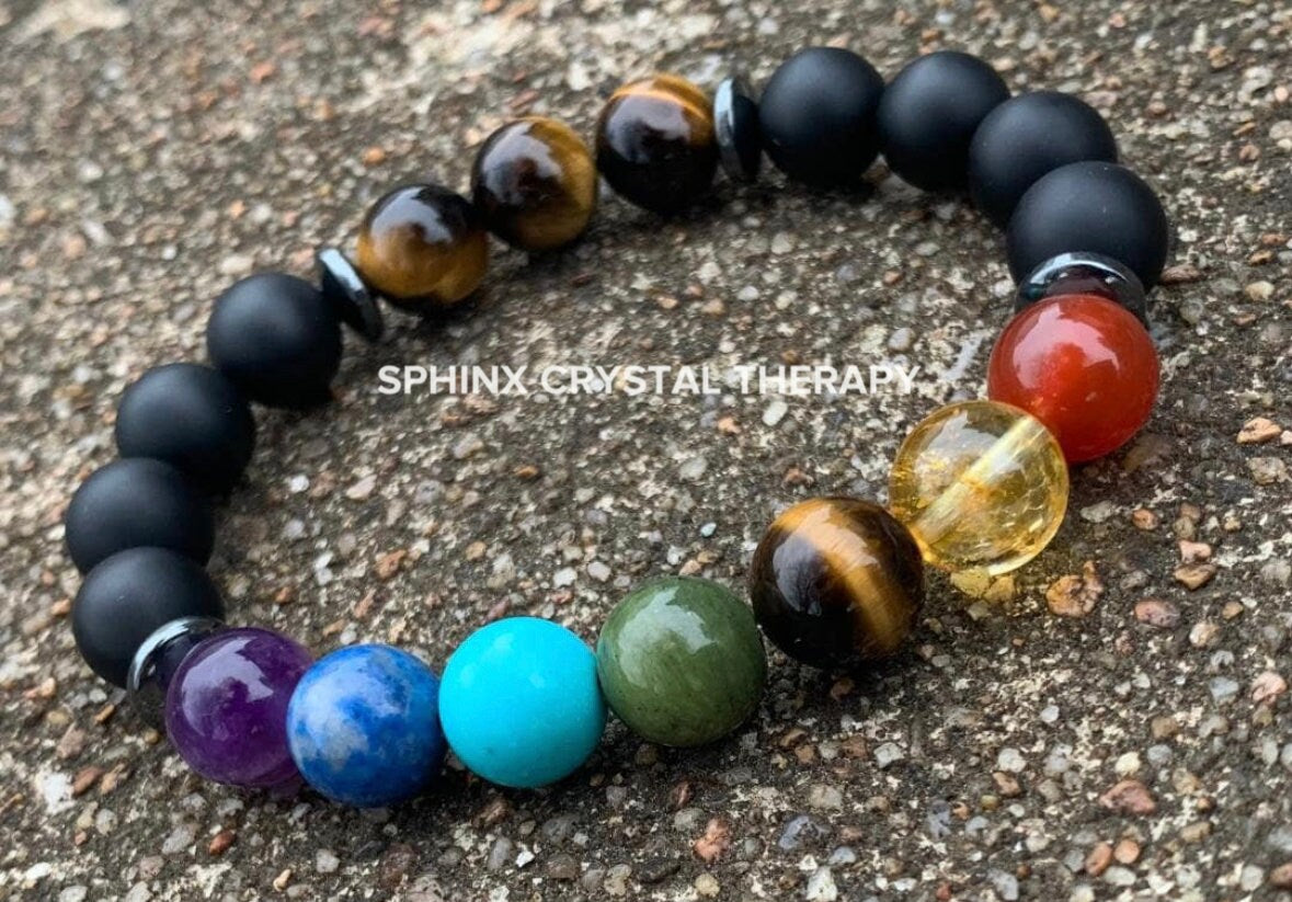 10MM Anxiety & Stress Support - Chakra Balance - Protection - Strength - Onyx - Tigers Eye - Hematite - Crystal Healing Gemstone Bracelet