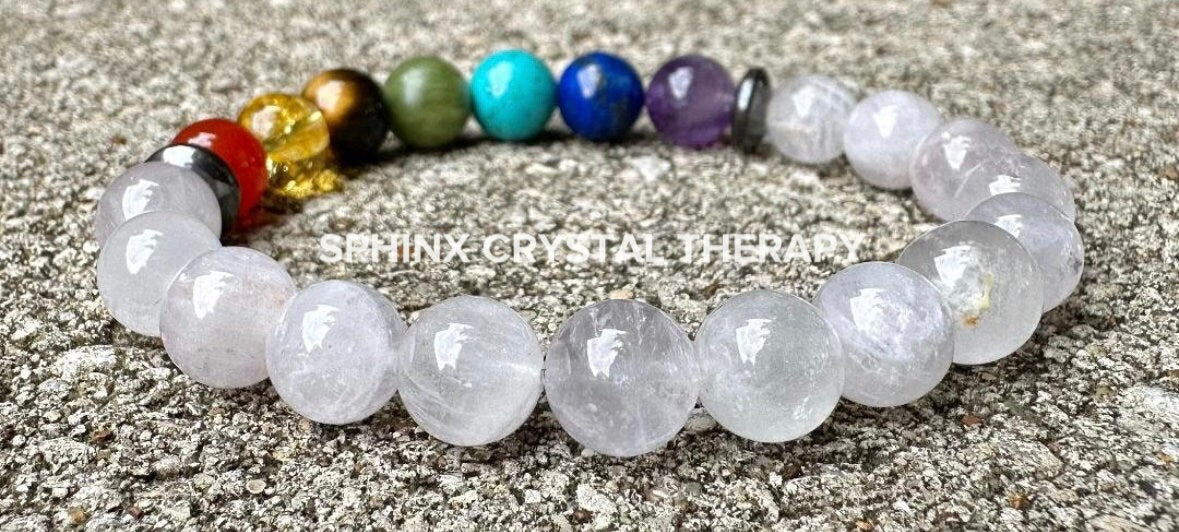 Aura Clearing - RARE AAA White Amethyst - Chakra Balance - Protect & Clear Auric Field - Intuition - Crystal Healing Gemstone 8mm Bracelet