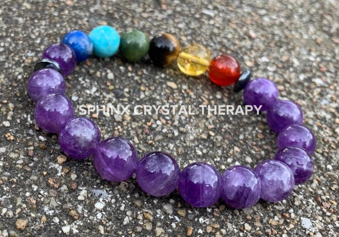 10MM Aura Cleansing - Intuition and Spiritual Growth - Chakra Balance - High Grade Amethyst - Real Quality Crystal Healing Gemstone Bracelet