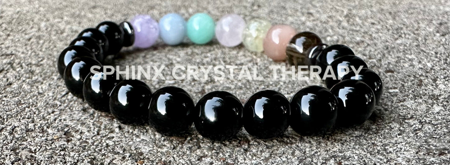8mm Aura Protection - PASTEL Chakra Stones - Stress Anxiety Support - Strength Courage - AAA Black Onyx Crystal Healing Gemstone Bracelet