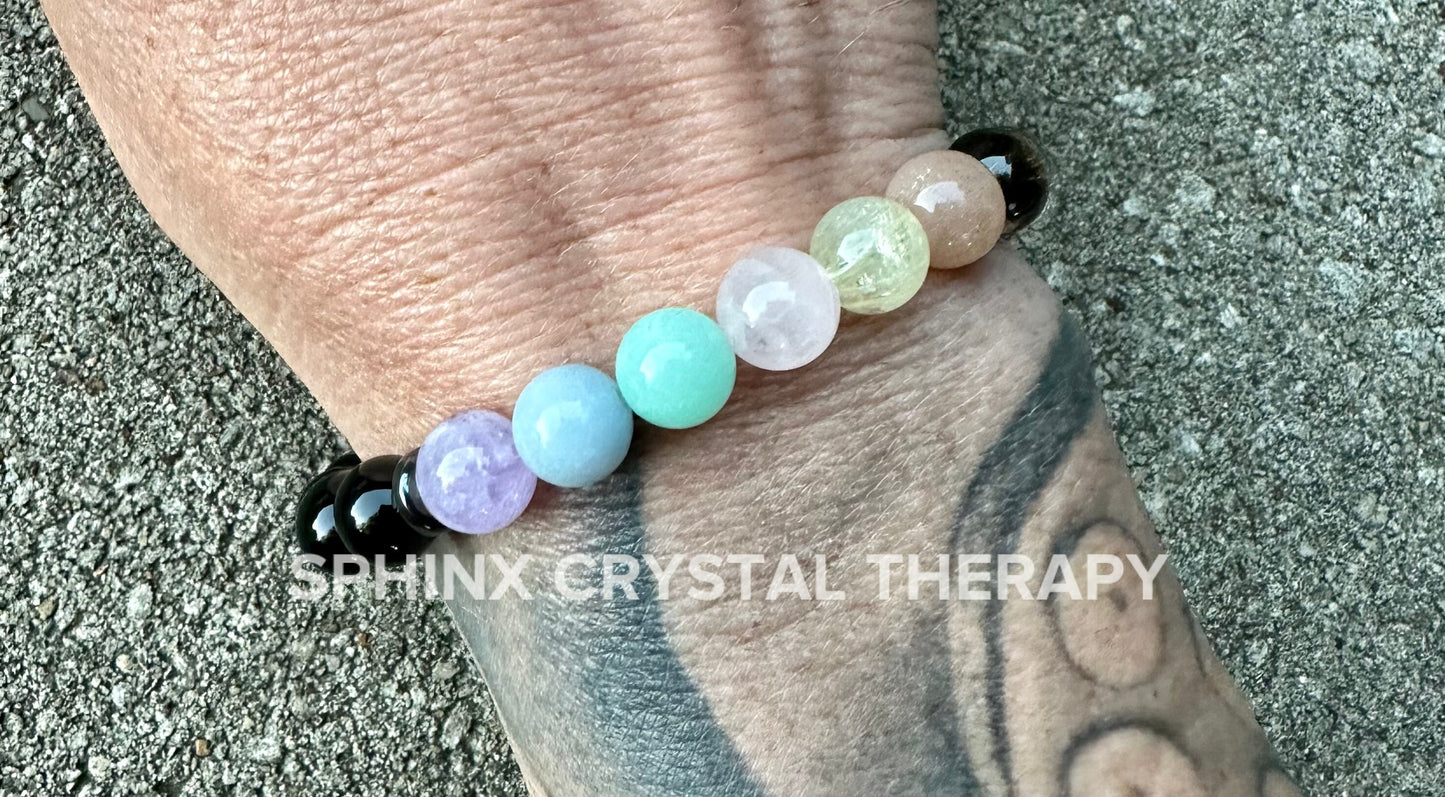 8mm Aura Protection - PASTEL Chakra Stones - Stress Anxiety Support - Strength Courage - AAA Black Onyx Crystal Healing Gemstone Bracelet