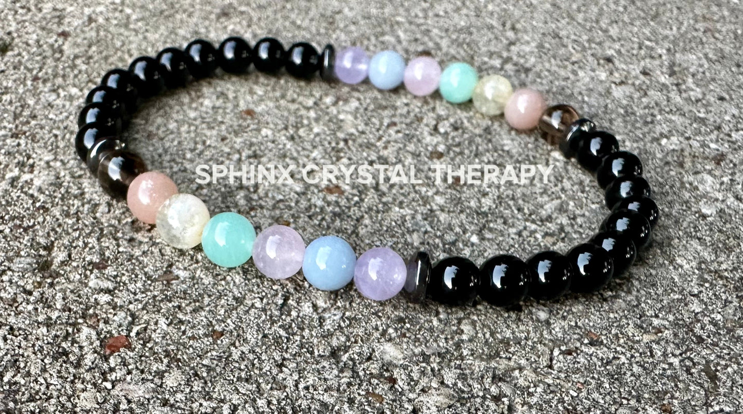 6mm Aura Protection Anklet - PASTEL Chakra Stones - Stress Anxiety Support - Strength Courage - AAA Black Onyx Crystal Healing Gemstones