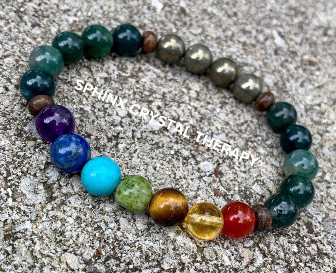 Confidence & Focus - Chakra Energy Balance - Protection and Grounding - Crystal Healing Gemstones - Moss Agate Bronzite Pyrite Bracelet