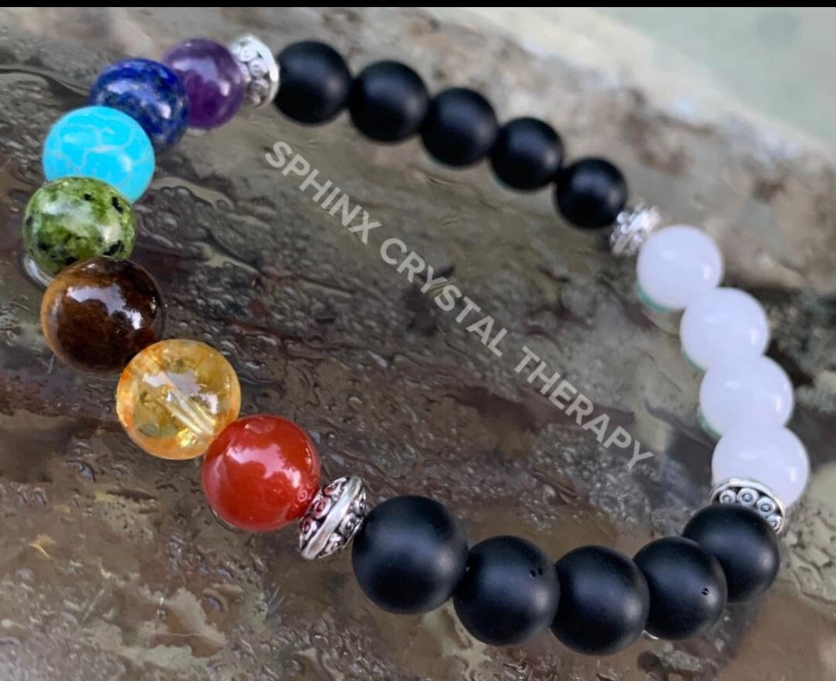 Chakra Balance - Anxiety Relief & Stress Support - Emotional Healing - Calming White Jade - Onyx Protection - Crystal Gemstone Bracelet