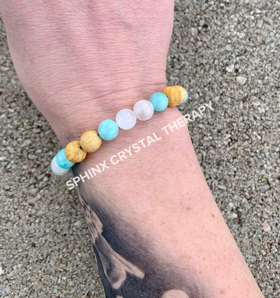 Inner Peace " Goddess of Harmony " Communication & Self Expression - AAA Moonstone - Amazonite - Palo Santo Gemstone Crystal Bracelet