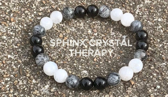 Spiritual Growth - Divine Feminine " Goddess Of The Moon " Empath - Lightworker - AAA Black Rutile - Tourmaline - Moonstone Crystal Bracelet