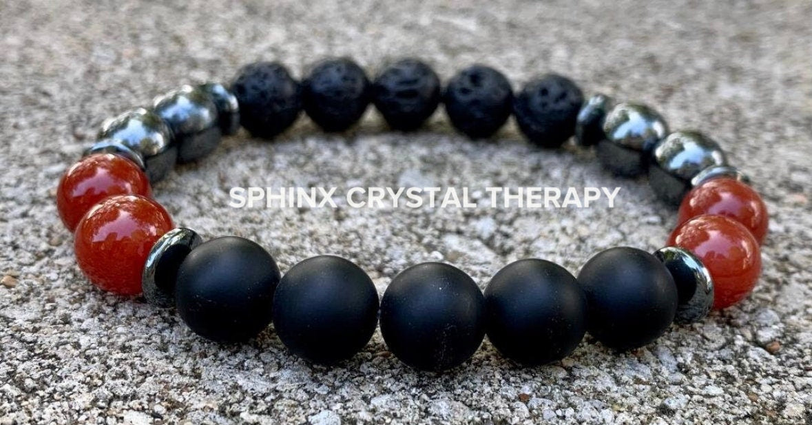 MENS 10mm Mental Strength & Courage " The Forge " High Quality Gemstones - Black Onyx / Carnelian - Crystal Healing Confidence Bracelet