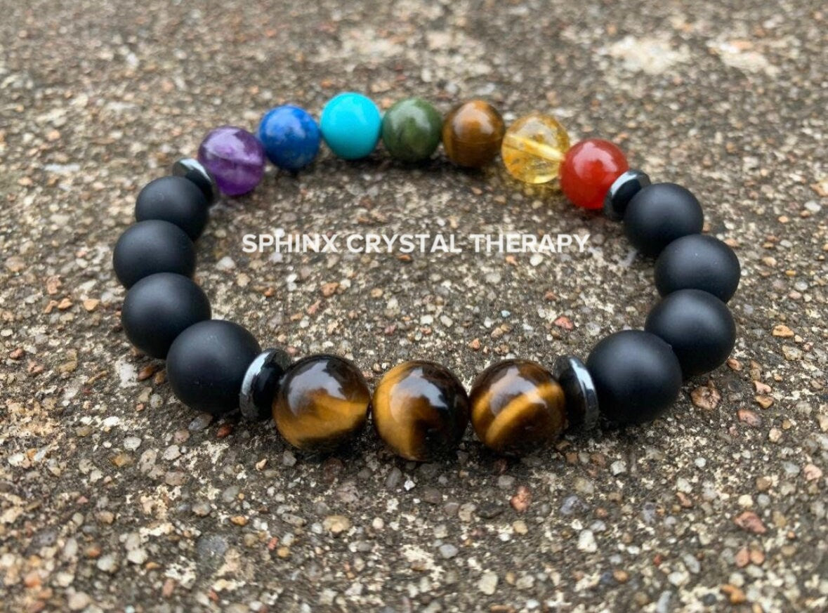 10MM Anxiety & Stress Support - Chakra Balance - Protection - Strength - Onyx - Tigers Eye - Hematite - Crystal Healing Gemstone Bracelet