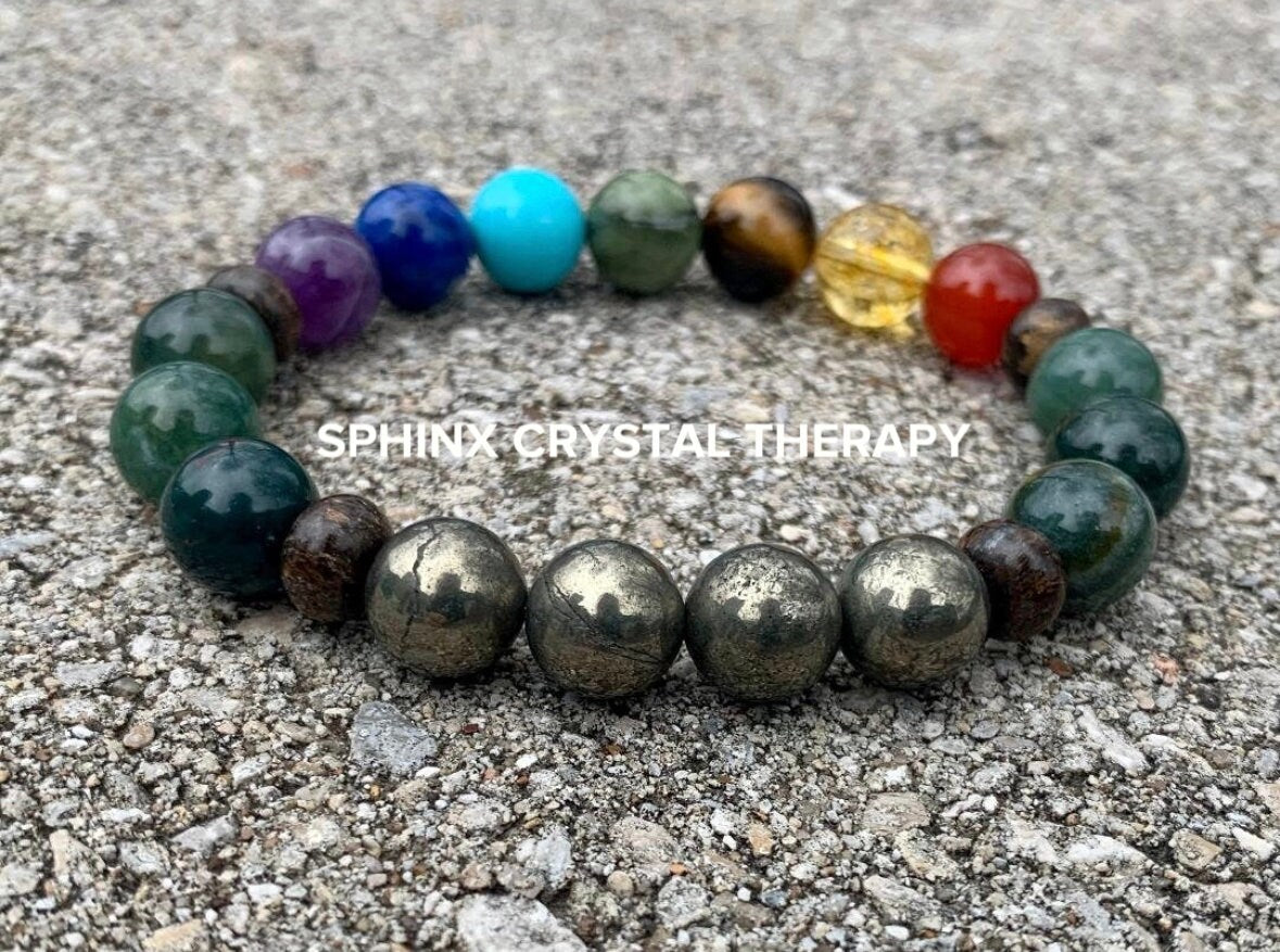 10MM Confidence & Focus - Chakra Energy Balance - Protection and Grounding - Crystal Healing Gemstones - Moss Agate Bronzite Pyrite Bracelet