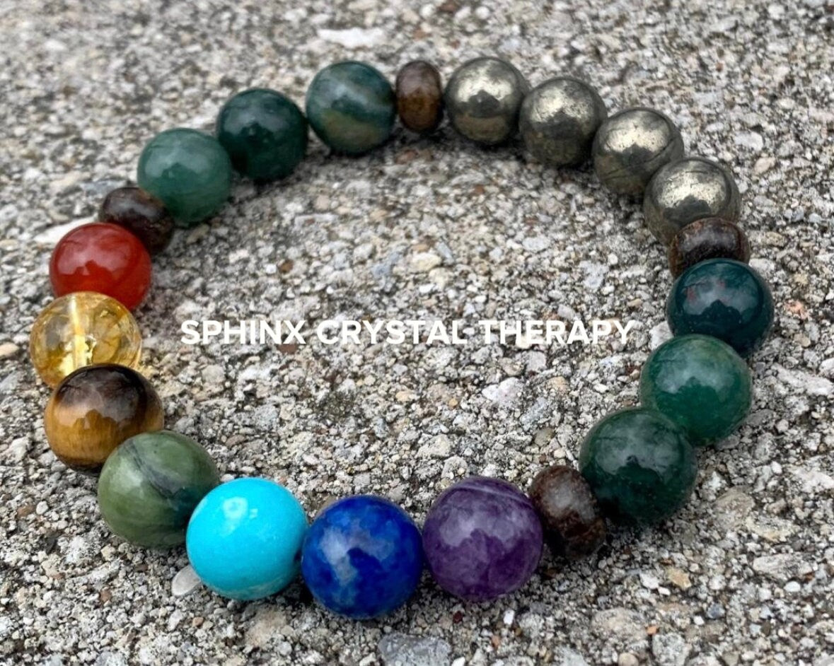 10MM Confidence & Focus - Chakra Energy Balance - Protection and Grounding - Crystal Healing Gemstones - Moss Agate Bronzite Pyrite Bracelet