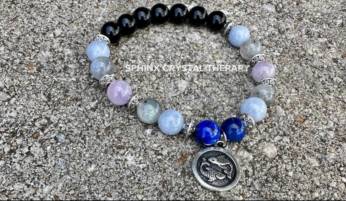 Pisces Energy - Zodiac Horoscope "The Compassionate Pisces" February March Birthday - Quality Gemstones - Crystal Healing Astrology Bracelet
