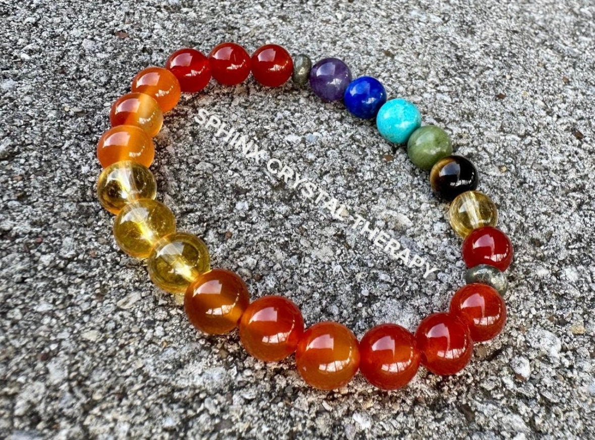 Creativity - Inspiration - Chakra Balance - Protection and Strength - Red Orange Carnelian - Pyrite - Real Crystal Healing Gemstone Bracelet