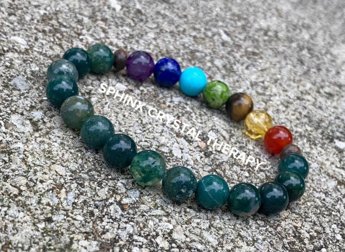 Concentration & Confidence - Chakra Balance - Stress Relief and Grounding - Crystal Healing Gemstones - Moss Agate Bronzite Energy Bracelet