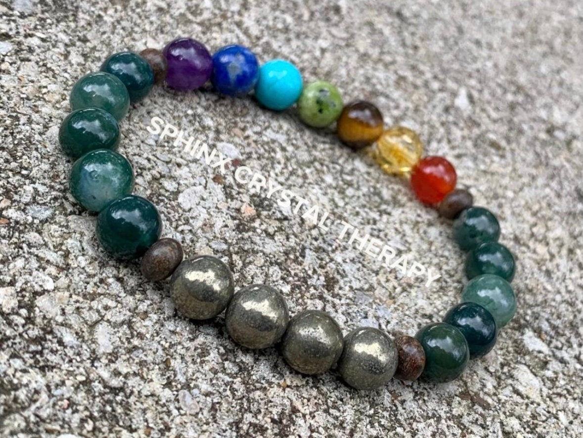Confidence & Focus - Chakra Energy Balance - Protection and Grounding - Crystal Healing Gemstones - Moss Agate Bronzite Pyrite Bracelet
