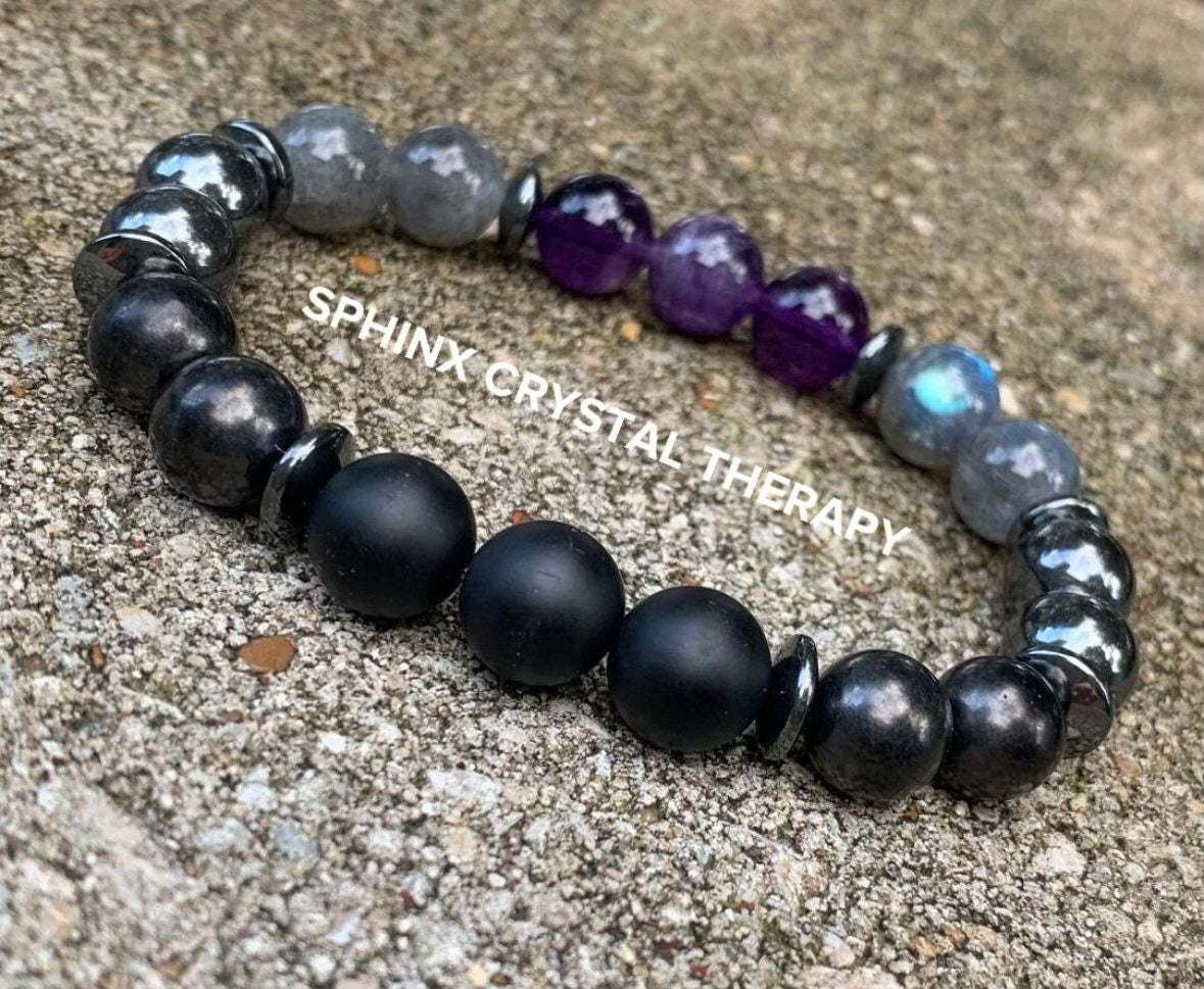 MENS 10MM - Negativity Shield -Gifted Empath - EMF Protection - Nope " Not Today " High Grade Shungite - Crystal Healing Gemstone Bracelet