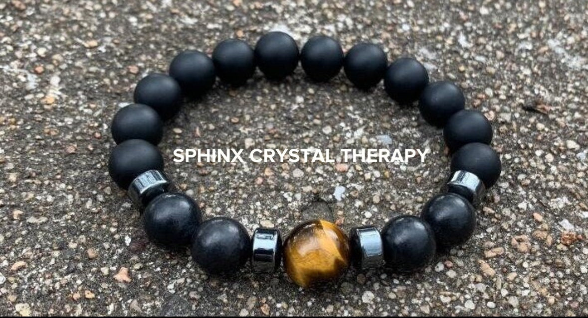 MENS 10MM EMF Protection - Strength & Courage " A Warrior's Battle Cry " AAA Shungite - Tigers Eye - Onyx - Real Crystal Gemstone Bracelet