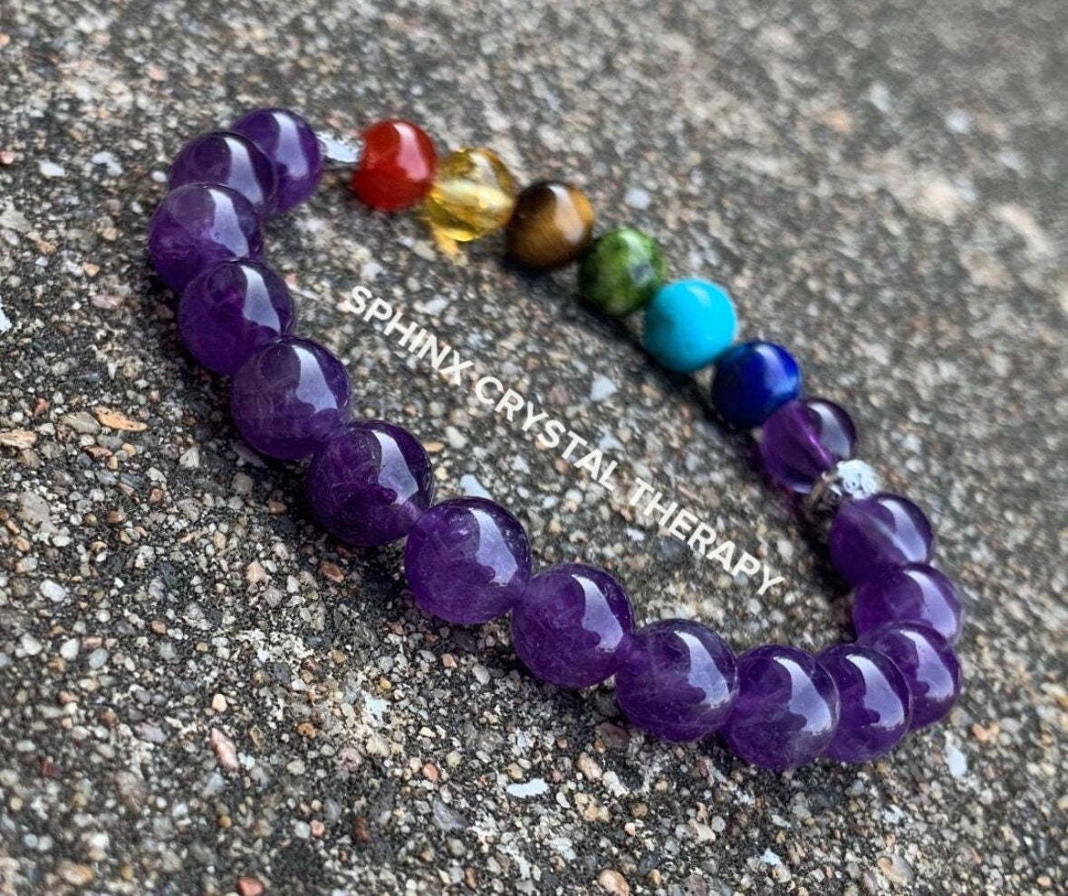 Chakra Balance - AAA High Grade Amethyst - Aura Cleansing - Intuition and Spiritual Growth - Real Quality Crystal Healing Gemstone Bracelet