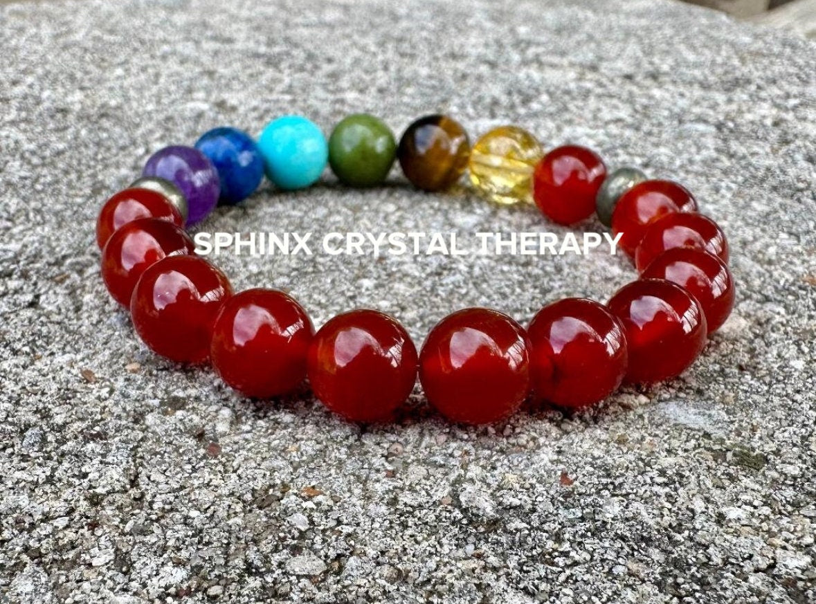 10MM Creativity & Strength - Chakra Balance - Protection - Motivation Drive - AAA Red Carnelian - Pyrite - Crystal Healing Gemstone Bracelet