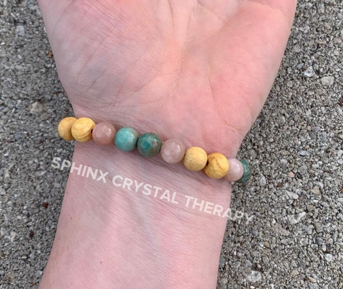 Grace Self Love " Goddess of Compassion " Emotional support - Heart Chakra - Moonstone - Chrysoprase - Palo Santo Gemstone Crystal Bracelet