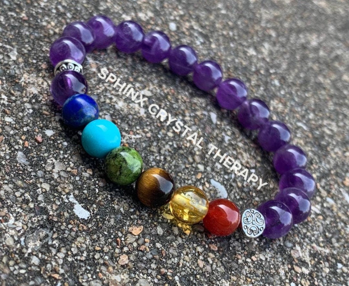 Chakra Balance - AAA High Grade Amethyst - Aura Cleansing - Intuition and Spiritual Growth - Real Quality Crystal Healing Gemstone Bracelet