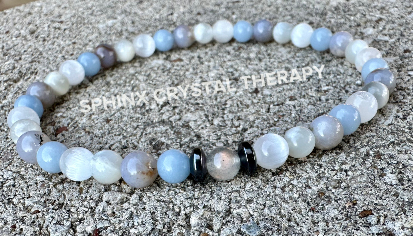 Emotional Healing - Grief & Depression Support " Angel in the Mist " AAA RARE Blue Rose Quartz - Moonstone - Angelite - Selenite - Anklet