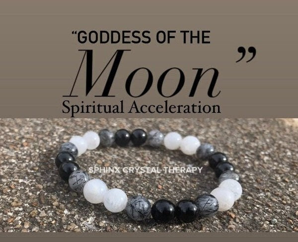 Spiritual Growth - Divine Feminine " Goddess Of The Moon " Empath - Lightworker - AAA Black Rutile - Tourmaline - Moonstone Crystal Bracelet