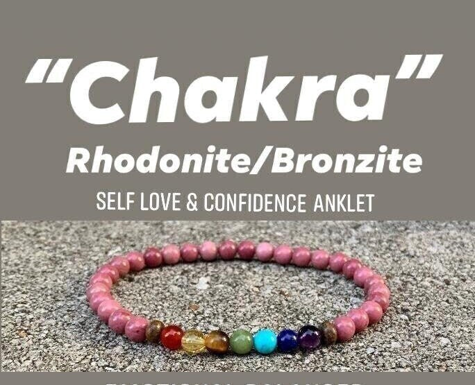 Chakra Balance Anklet - Self Love & Confidence Compassion - Spiritual Growth - Emotional Healing - Rhodonite Bronzite Gemstone Anklet