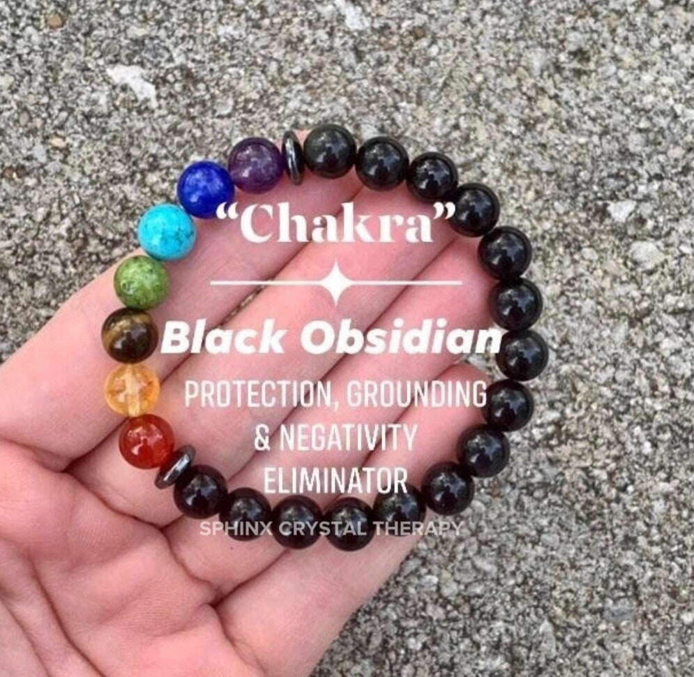 Negativity Shield - Protect and Ground - Balance Chakra Energy - Black Obsidian & Hematite - Quality Crystal Healing and Gemstone Bracelet