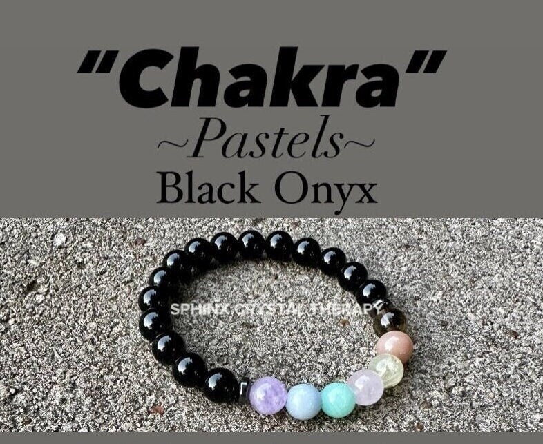 8mm Aura Protection - PASTEL Chakra Stones - Stress Anxiety Support - Strength Courage - AAA Black Onyx Crystal Healing Gemstone Bracelet