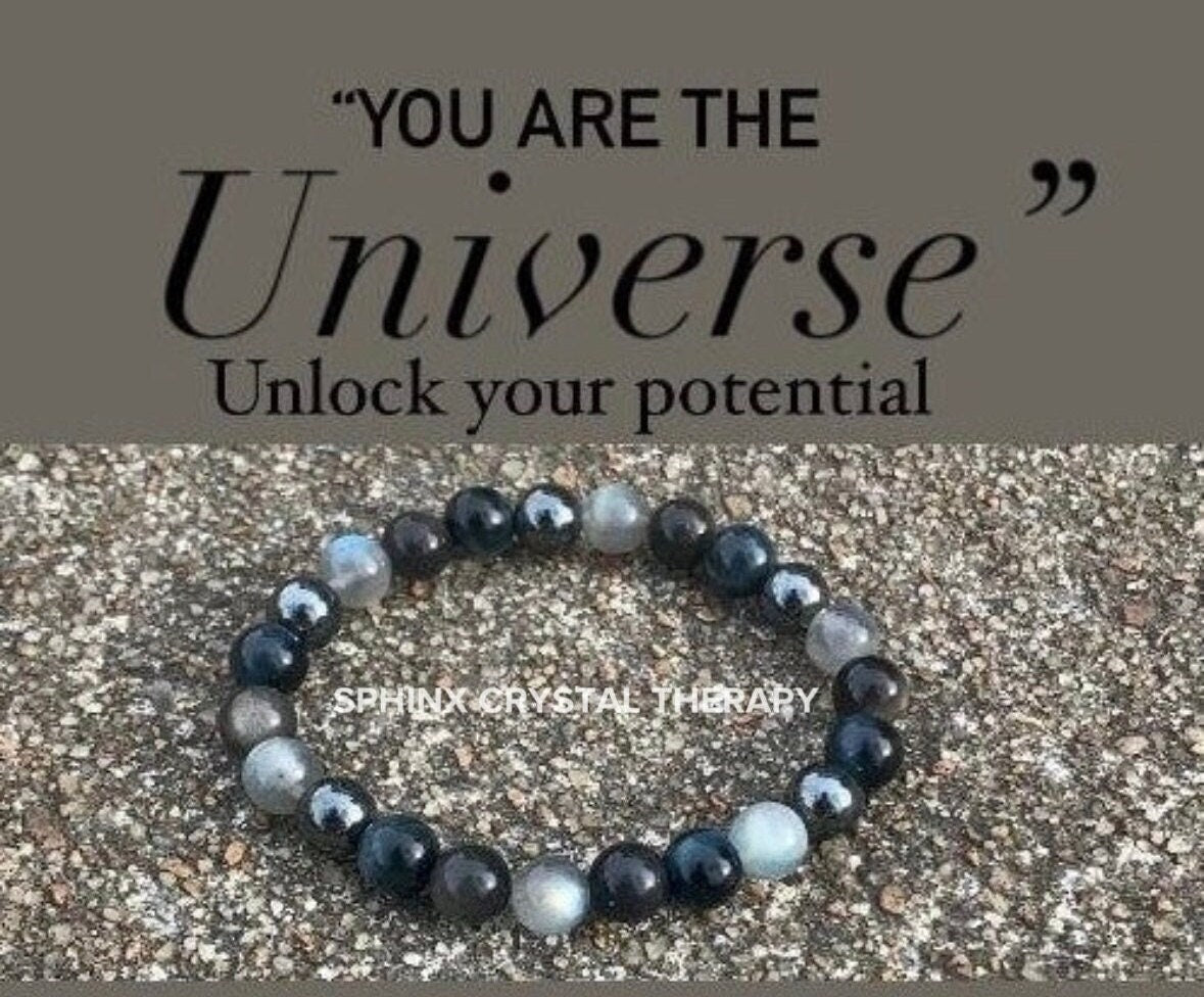 Self Empowerment - Strength & Courage " You are the Universe " AAA Blue Tigers Eye - Labradorite - Silver Obsidian Crystal Gemstone Bracelet