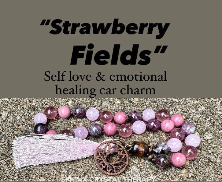 Self Love & Emotional Healing Car Charm " Strawberry Fields " Rose Quartz - Eudialyte - Crystal Healing Gemstone Rear View Mirror Ornament