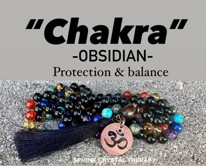 Chakra Mala - Protection & Energy Balance Necklace - Vibrational Stones - Black Obsidian - AAA Real Crystal Healing Gemstones - 108 Mantra