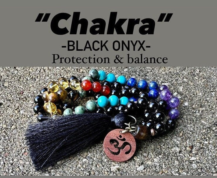 Chakra Protection & Energy Balance Mala Necklace - Vibrational Healing Stones - Black Onyx - AAA Gemstones - 108 Mantra Crystal Healing